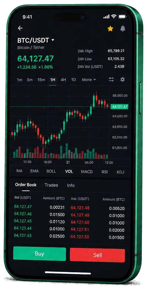 Noble Placoire Trading-App auf dem Smartphone – Live BTC/USDT Chart, Orderbuch und Kauf-/Verkaufsinterface